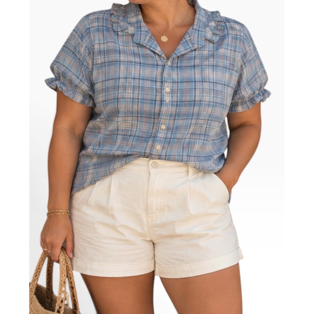 Peter Millar Blue Plaid Ruffle Collar Short Sleeve Button Down Shirt Large